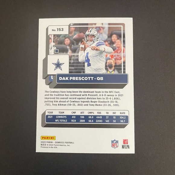 Dak Prescott: Dallas Cowboys, Quarterback 2022 Panini Press Proof Donruss #153 - Picture 2 of 2